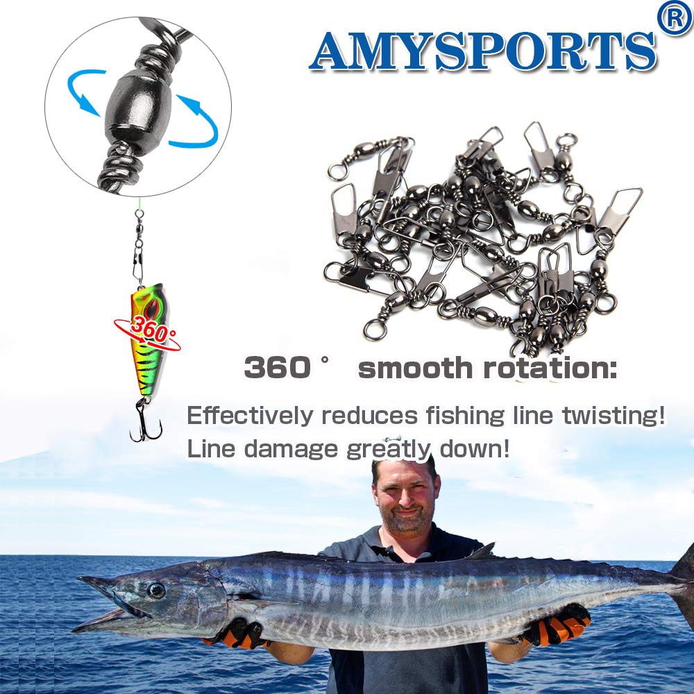 AMYSPORTS Stainless Steel Snap Swivel Saltwater High Strength Snaps Fishing Barrel Line Connector Fishing Swivels Barrel Safety Snap Fishing Tackle Stainless Steel Accessories 50pcs 74lbs