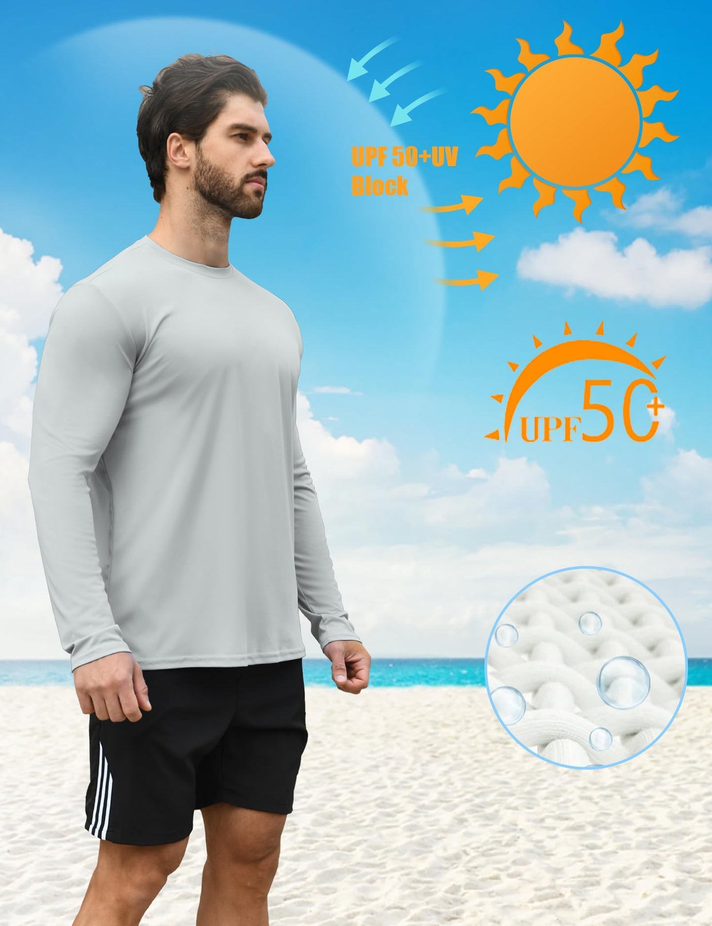 HOPLYNN 2 Pack Men's UPF 50+ Rash Guard and Quick-Dry Long Sleeves Shirts, Swim Surf Fishing Gear UV Sun Protection Shirts for Men Blue Grey Large