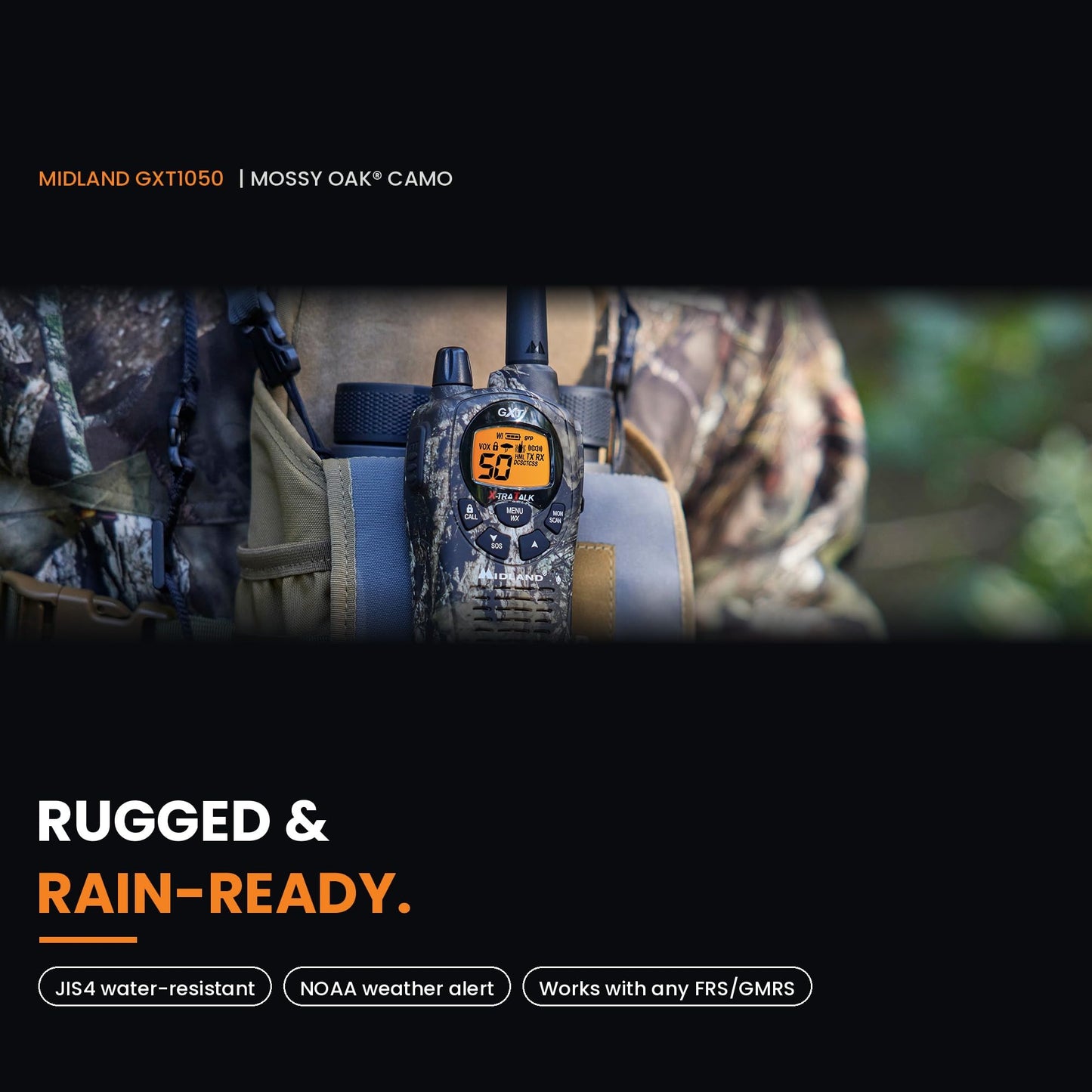 Midland GXT1050VP4 GMRS Two-Way Radio (50-Channel, Long Range, 142 Privacy Codes, SOS, NOAA, Rechargeable Nickle Battery, Mossy Oak Camo, 2-Pack)