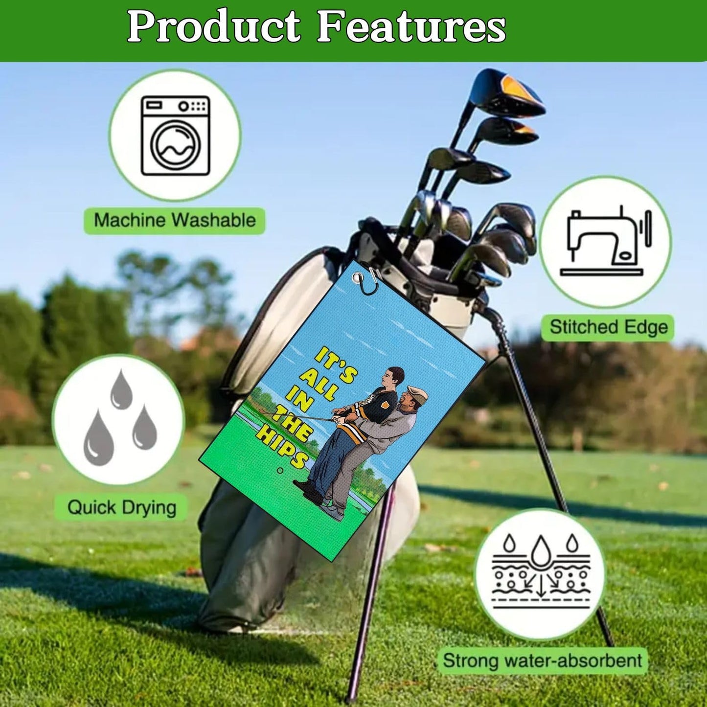 Amitrely Funny Printed Golf Towels for Golf Bags with Clip, Golf Gift for Men Husband Boyfriend Dad, Birthday Gifts for Fan - It's All in The HIPS