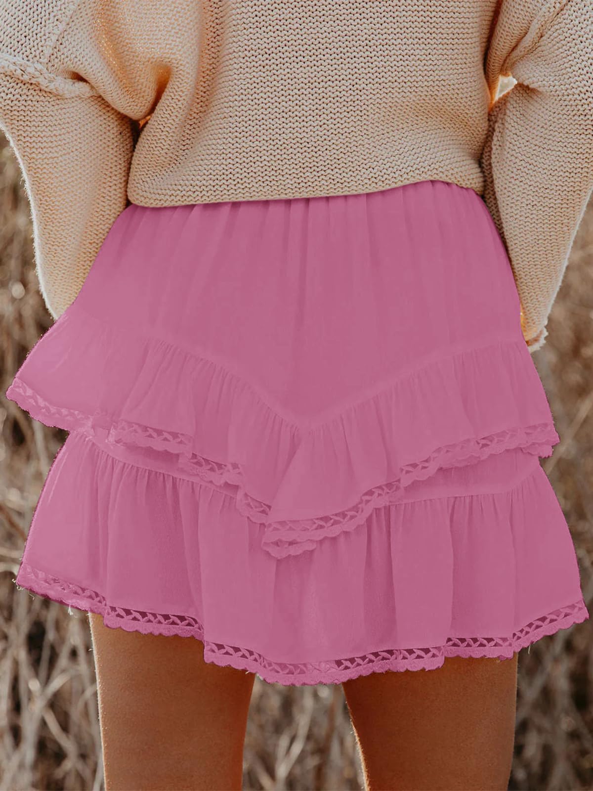 Aoudery Flowy Shorts for Women Casual Boho Ruffle Tiered Skorts High Waist Mini Skirts Golf Tennis Butterfly Crochet Shorts - Mauve Pink M