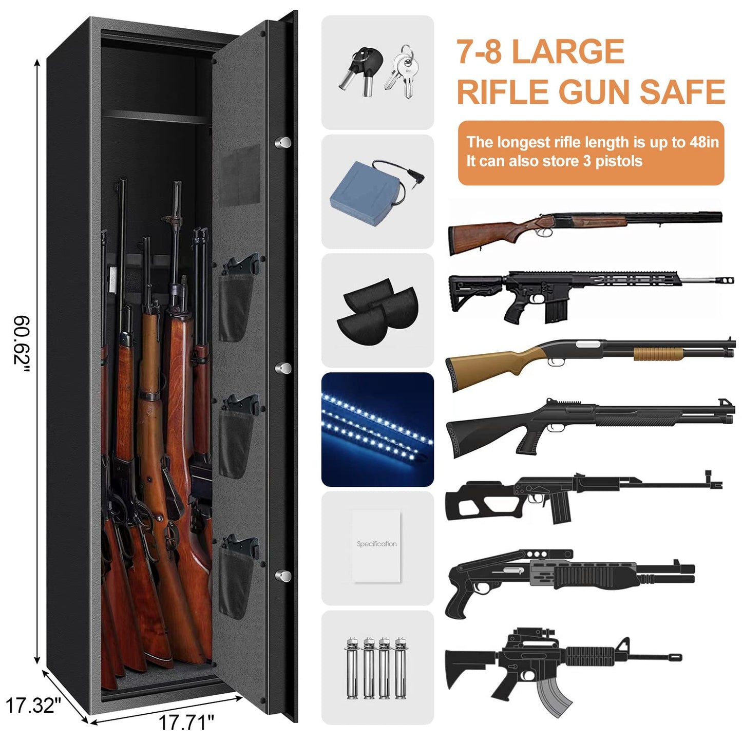 [2024 NEW] 7-8 Fireproof Biometric Gun Safes for Home Rifle and Pistols, Heavy Duty Anti-Theft Long Gun Safes for Rifles and Shotguns with 3 Handgun Pocket, Removable Shelf, Silent Mode