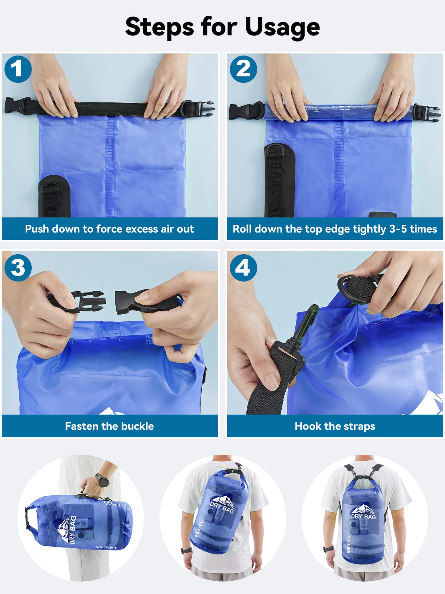 HEETA Dry Bag Waterproof for Women Men, Roll Top Lightweight Dry Storage Bag Backpack with Phone Case for Travel Swimming Boating Kayaking Paddle Board Camping Beach Accessories (Bluish Violet, 40L)