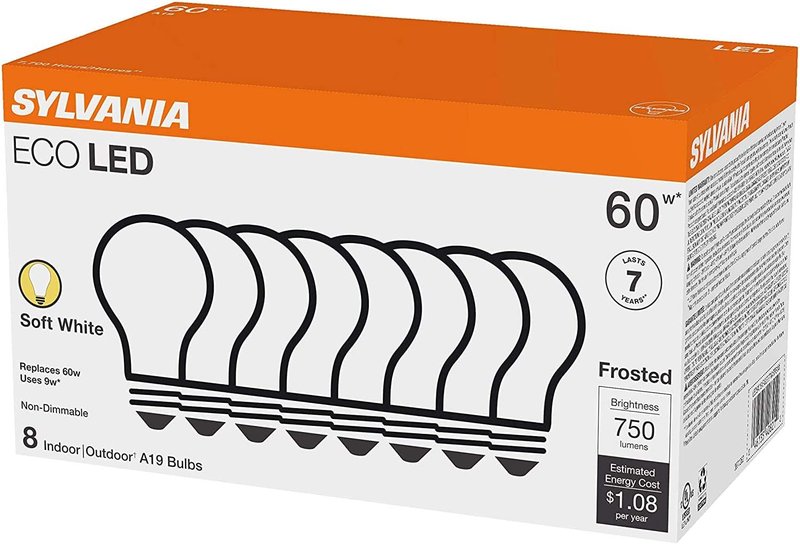 Sylvania ECO LED Light Bulb - A19 60W Equivalent, 9W, 750 Lumens, Soft White | 8 Pack, Frosted Finish