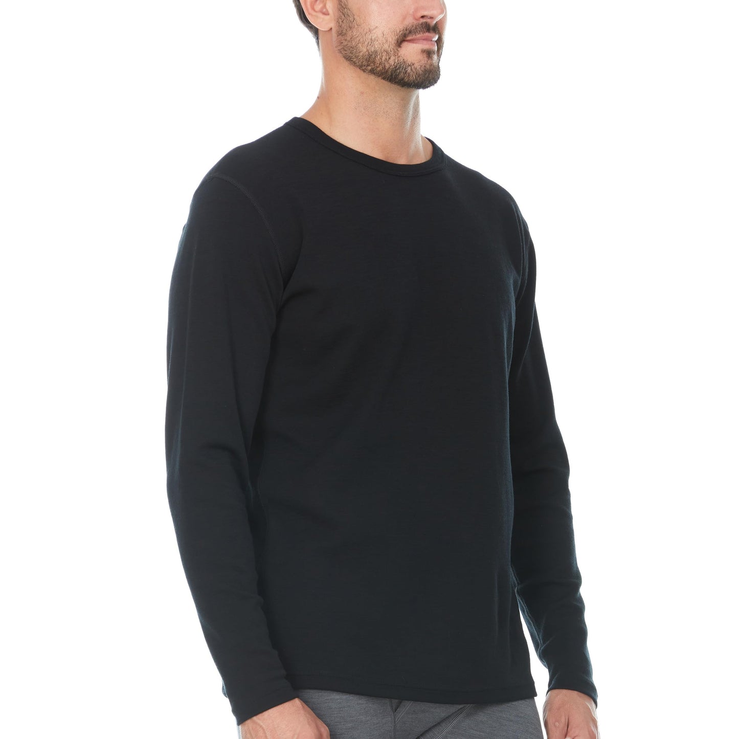 100% Merino Wool - Men's Midweight Long Sleeve Crew Shirt - Thermal Base Layer - NO Itch Renewable Fabric - Black - Medium