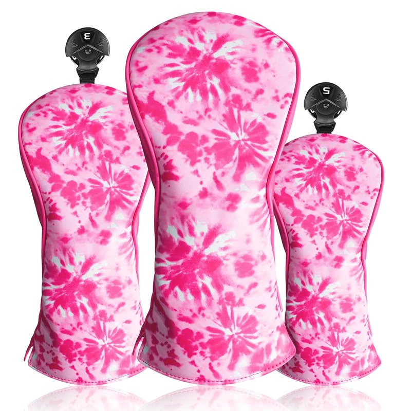 FINGER TEN Golf Club Head Covers for Woods Driver Fairway Hybrid with Interchangeable Number Tag 1 3 5 Premium Leather Headcovers for Women Men (Deep Pink, D+F+H)