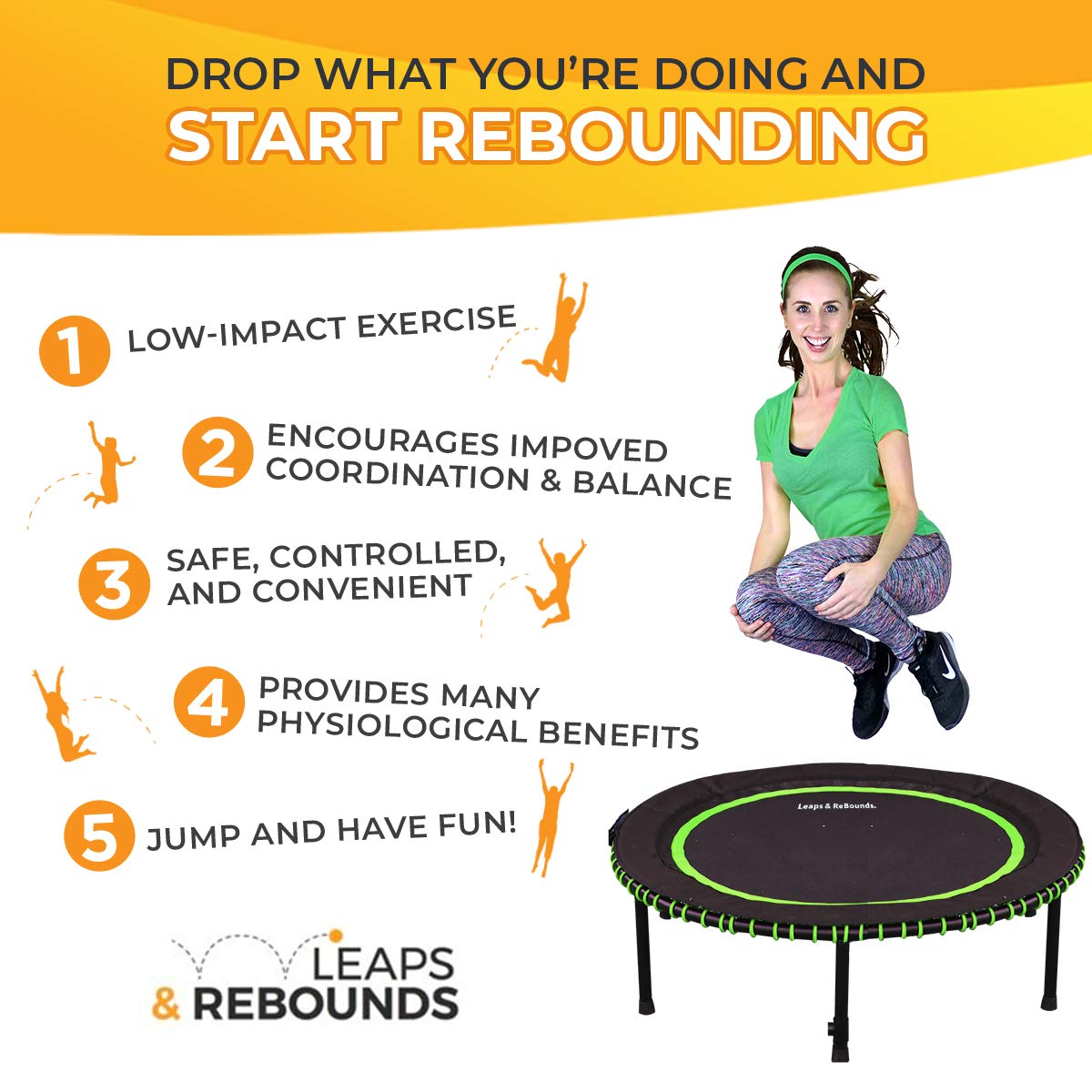 Leaps and ReBounds Trampoline for Adults and Kids - Rebounder with Online Workout Videos - for Outdoor Games, Fitness, and Recreational Activities - Safe, Quiet, Durable Cardio Exercise Equipment