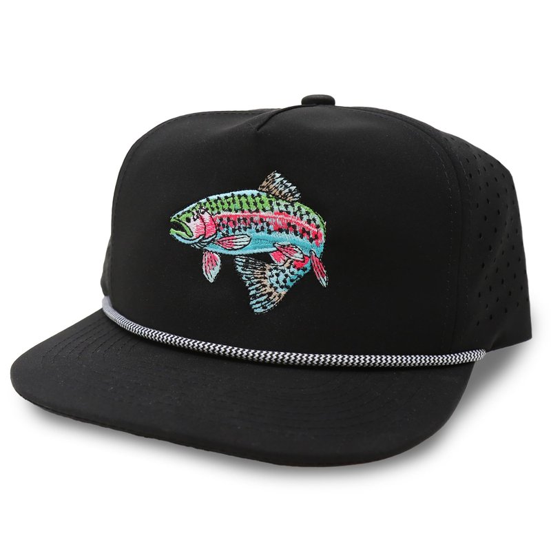 Gritty Bull Trout Hat for Men - Dri-Fit Snapback Fishing Cap with Embroidered Rainbow Trout - Adjustable and Breathable Outdoor Mesh Back Trucker Hat (US, Alpha, One Size, Black)