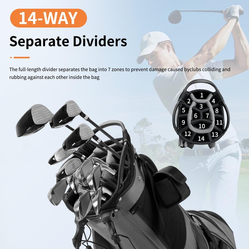 HYPATA 14 Way Golf Bags for Men, Lightweight Golf Stand Bag with 8 Pockets, Cooler Pouch, Rangefinder Pouch, Detachable Dual Strap, Rain Cover Hood