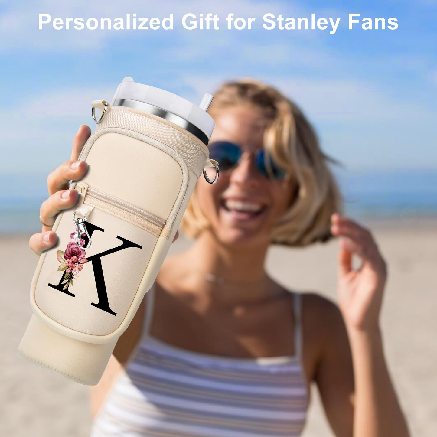 Initial Water Bottle Holder with Strap for Stanley 40 oz Tumbler, Gift for Mother's Day, Women's Day gifts with Phone Pocket, Carabiner, Personalized Accessories for Stanley Cup, Cream - C