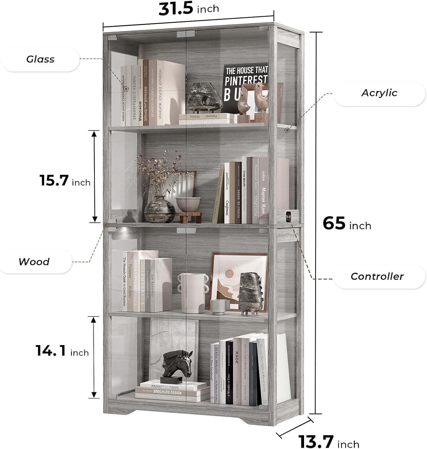 Display Cabinet - 4-Tier Curio Cabinet with Glass Doors & 3 Color Lights | Gray Storage Case for Collectibles
