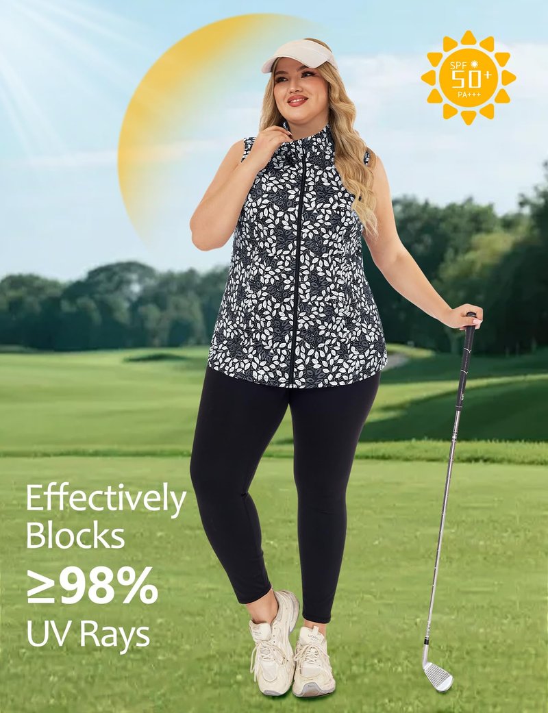 Misyula Style Plus Size Athletic Tank Tops for Women, Quick Dry Full Zip Sleeveless Golf Shirts with Pockets Lightweight Running Vest Hiking Tennis Summer Activewear,Black White Leaf,2XL