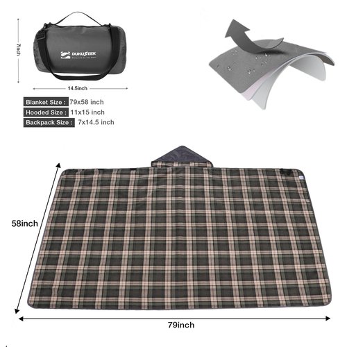 DUKUSEEK Stadium Blanket for Outdoor Sports, Waterproof Hooded Blankets, Windproof Warm Fleece Blankets for Camping Stadium, Beach, Picnic, Concerts, Car, Dog, 79"x 59"