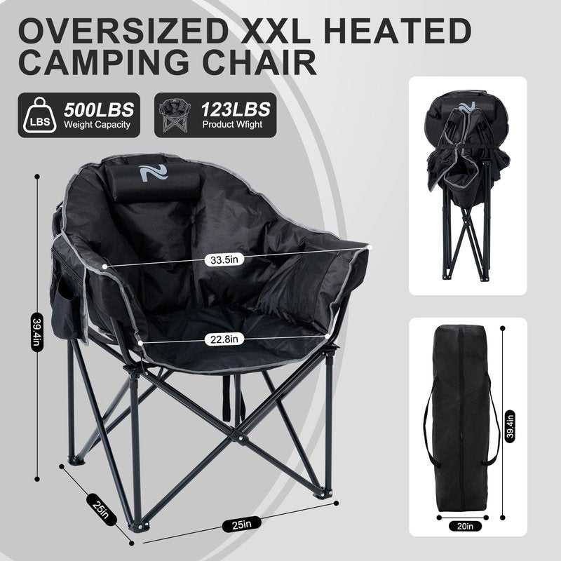 ABORON Oversized Heated Camping Chair, Padded Outdoor Folding Heated Chair with Side Pocket, Heavy Duty Seat for Winter Sports, Patio, Tailgating