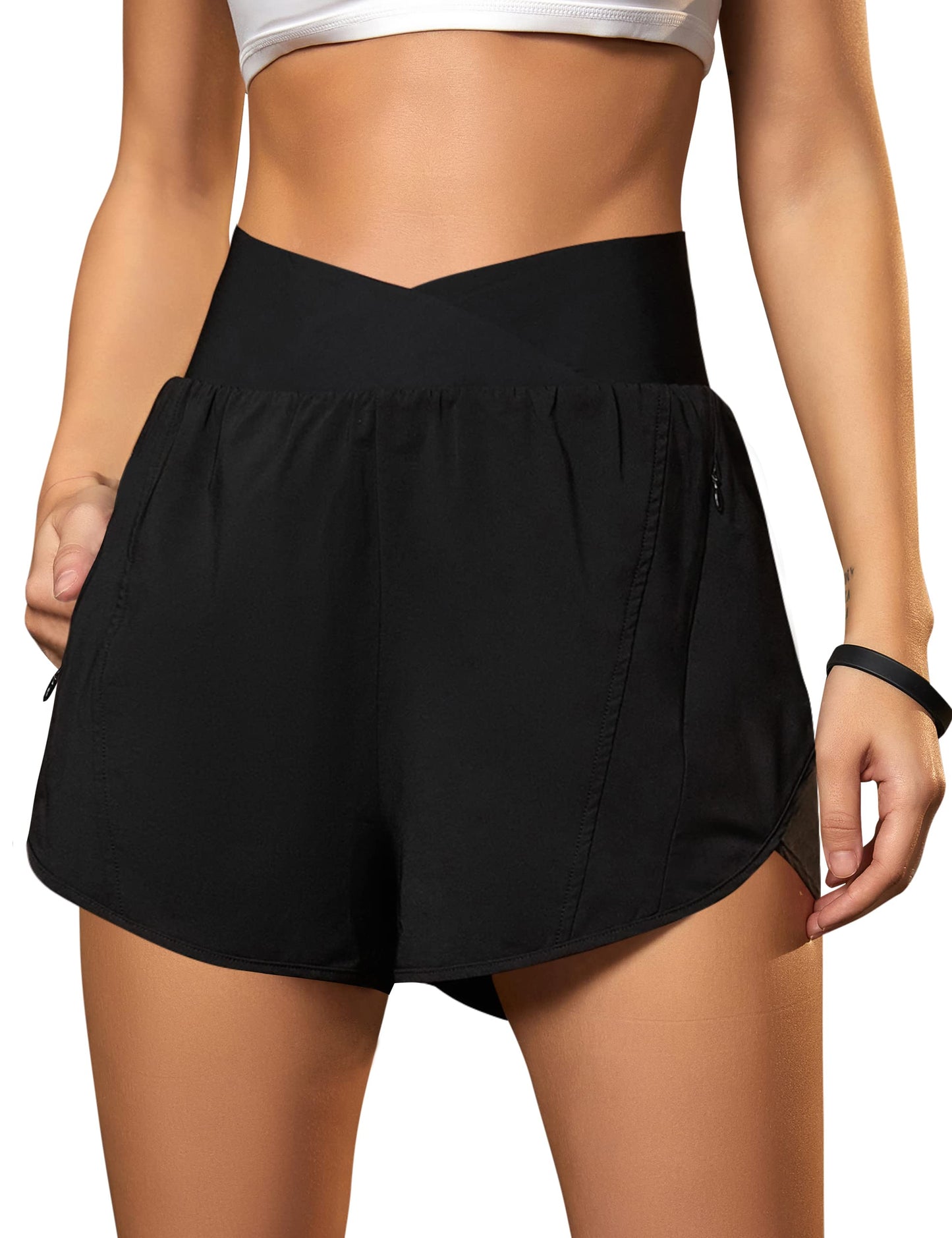 Blooming Jelly Women's Workout Shorts Athletic Running Cross V Cut Waist Work Out Preppy Shorts with Zipper Pockets (Black with Yellow,X-Large)