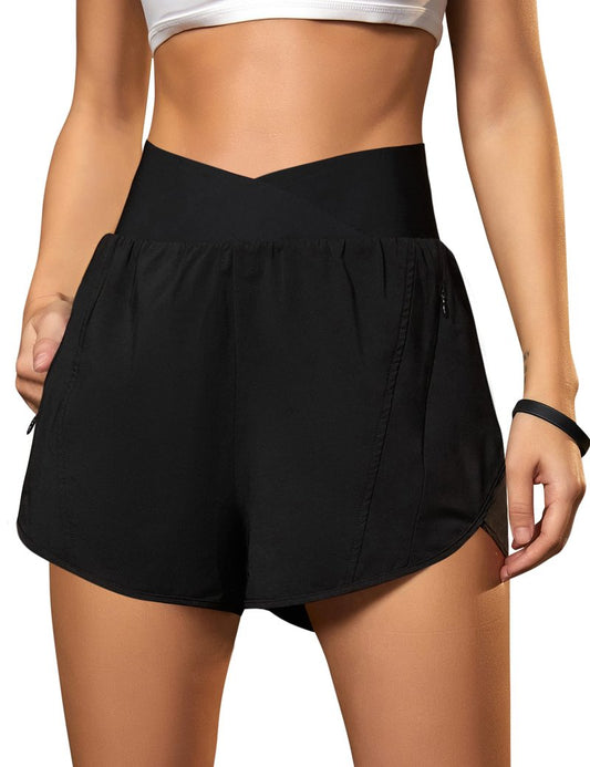 Blooming Jelly Women's Workout Shorts Athletic Running Crossover High Waisted Gym Sport Yoga Shorts with Zipper Pockets (Black,X-Small)