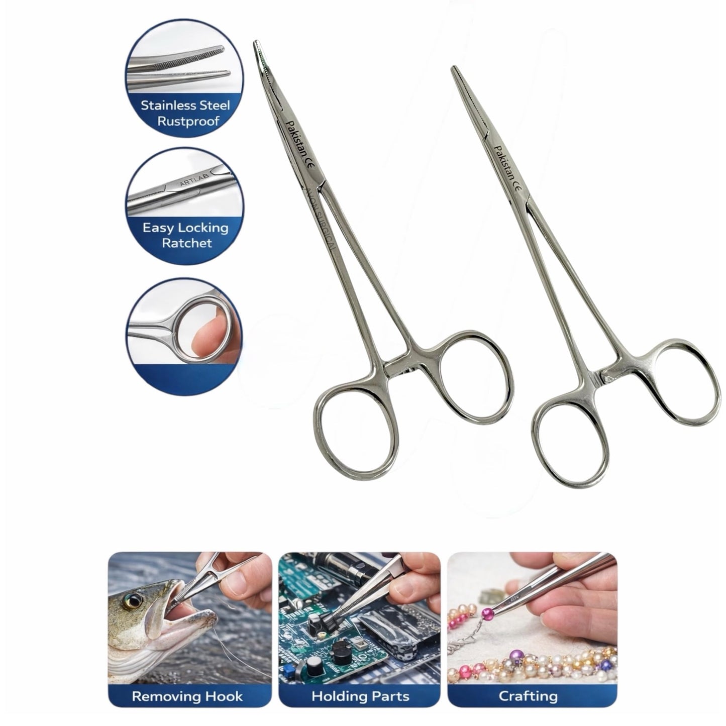 Avon Surgical 2Each Versatile Angling Tools 5 Inch Fishing Forceps Set - Stainless Steel, Curved & Straight Hemostats, Serrated Jaws, Locking Mechanism, and Lightweight Design Hemostat Forceps.