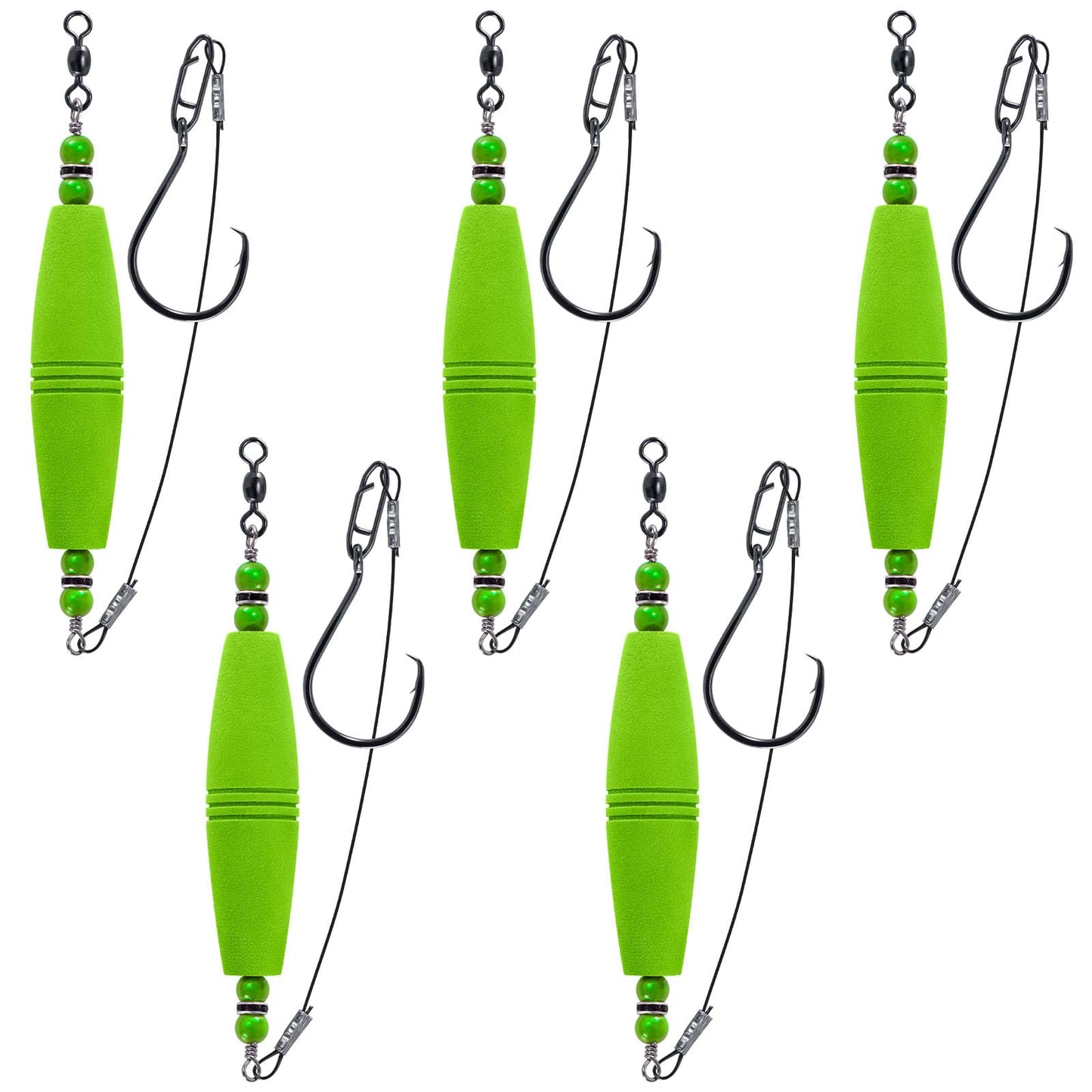 Alwonder 5-Pack Catfish Float Rigs, Catfishing Tackle Bobbers High Buoyancy Body with 8/0 Circle Hooks, Green Chunky Rigs Catfish Equipment Cat Fishing Gear Rig for Bank Fishing