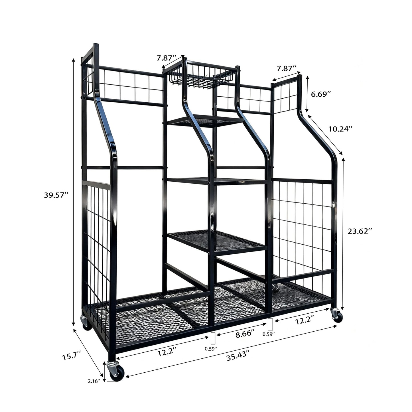 Golf Bag Storage Organizer Stand with Wheels - Heavy Duty Steel Rack Holds 2 Golf Bags with Central Storage Shelf for Golf Balls, Shoes & Accessories, Space Saving Garage Golf Club Equipment Holder