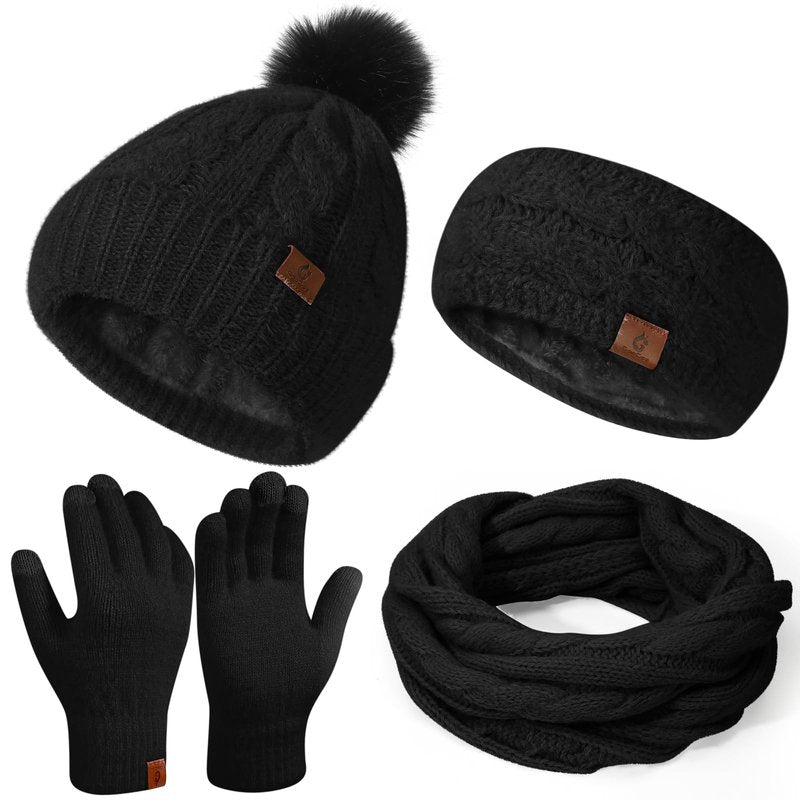 Womens Beanie Hat Infinity Scarf Touchscreen Gloves Fleece Headband 4 in 1 Winter Clothes Set Gifts for Women Black