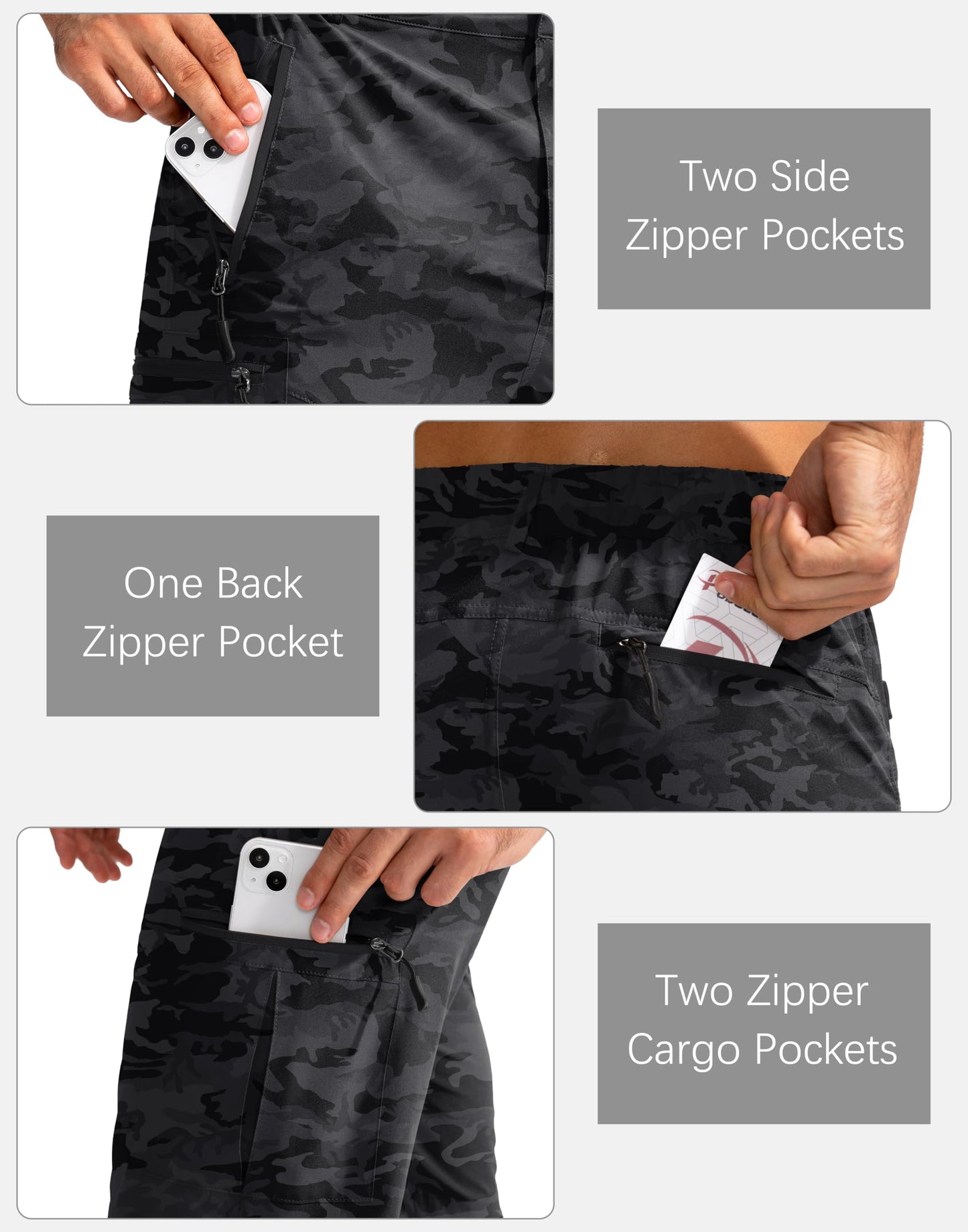 Pudolla Men's Hiking Cargo Shorts 9" Lightweight Outdoor Work Shorts for Men Travel Golf Camping Casual with 5 Zipper Pockets(Black Camo 3X-Large)