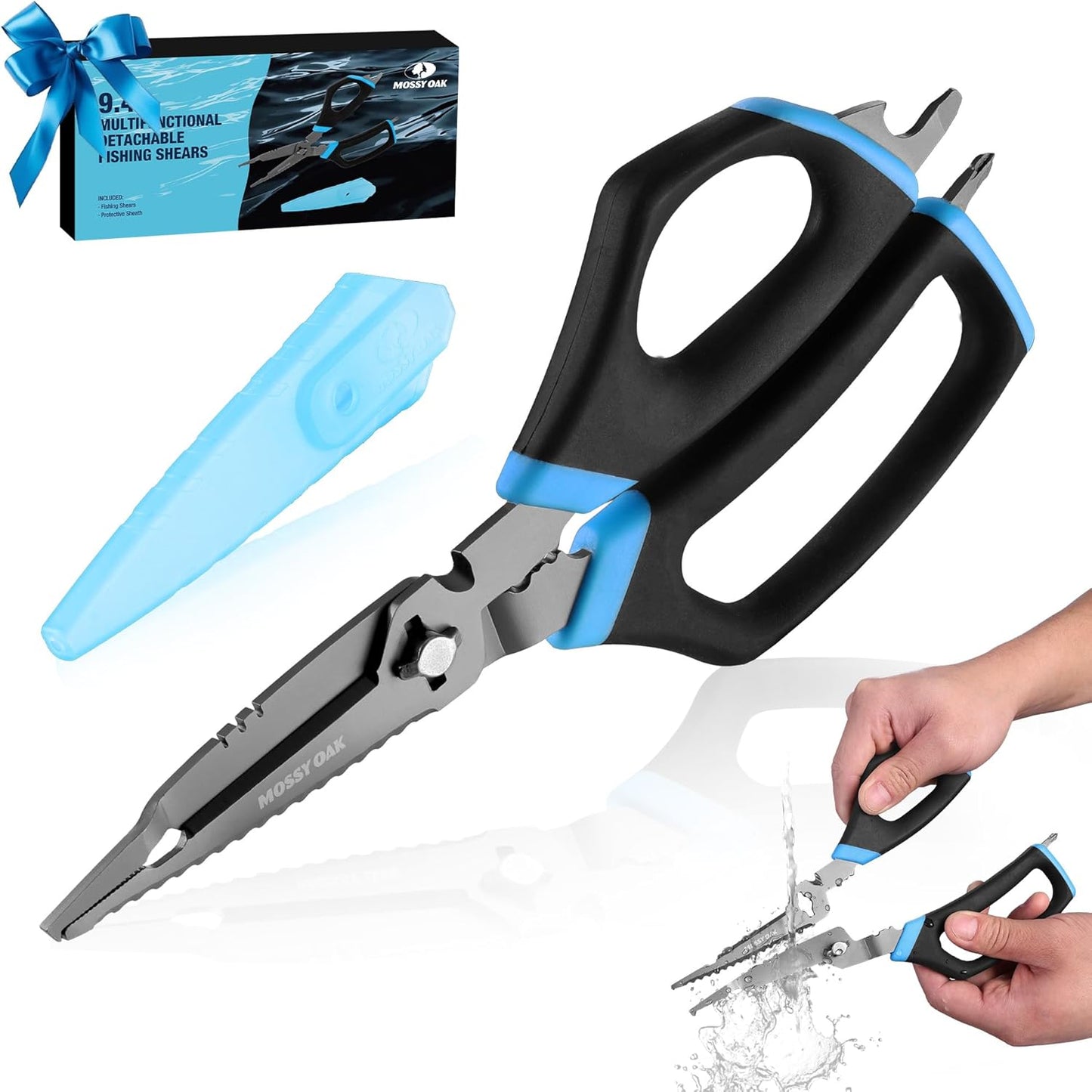 Mossy Oak Fishing Shears - 9.4" Multifunctional Scissors for Braid, Mono & Fluorocarbon Line | Includes Scaler, Hook Remover & Sheath