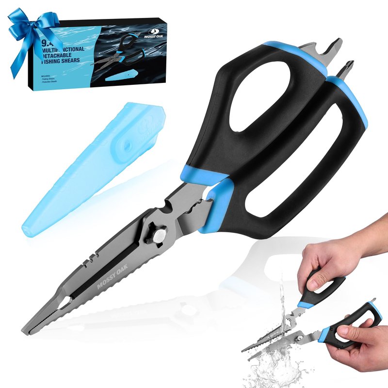 Mossy Oak 9.4" Fishing Shears, Detachable Multifunctional Large Scissors for Braid, Mono & Fluorocarbon Line & Bait, with Scaler, Hook Remover, Bottle Opener & Sheath