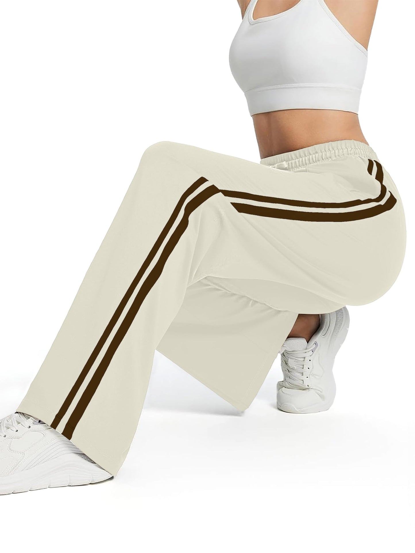 Tapata Long Women's 32" Inseam Casual Pants Track Athletic Sweatpants Warm Up Loose Side Stripe Street Slacks, Beige, L