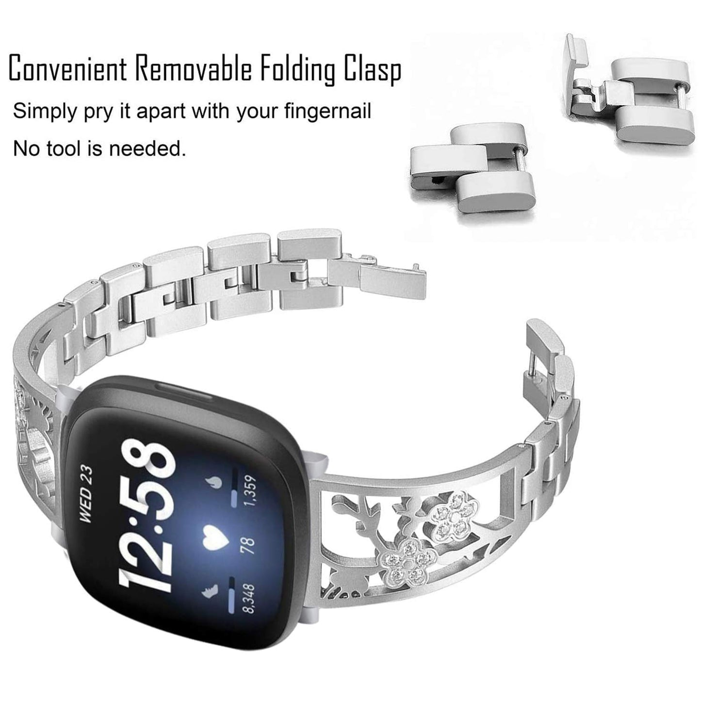 Mtozon Stainless Steel Bracelet Compatible with Fitbit Sense 2/Sense/Versa 4/Versa 3, Women Bling Replacement Bands Dressy Luxurious Wristbands for Ladies, Silver