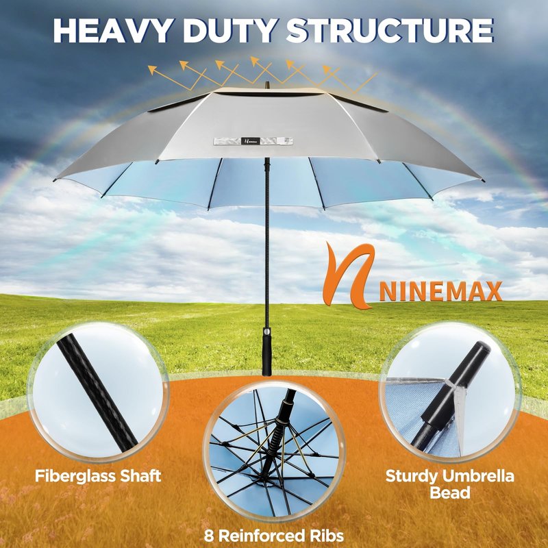 NINEMAX UV Potection Golf Umbrella, 62 Inch UV Umbrellas for Sun Blocking Large Windproof for Rain (Sliver Light Blue)