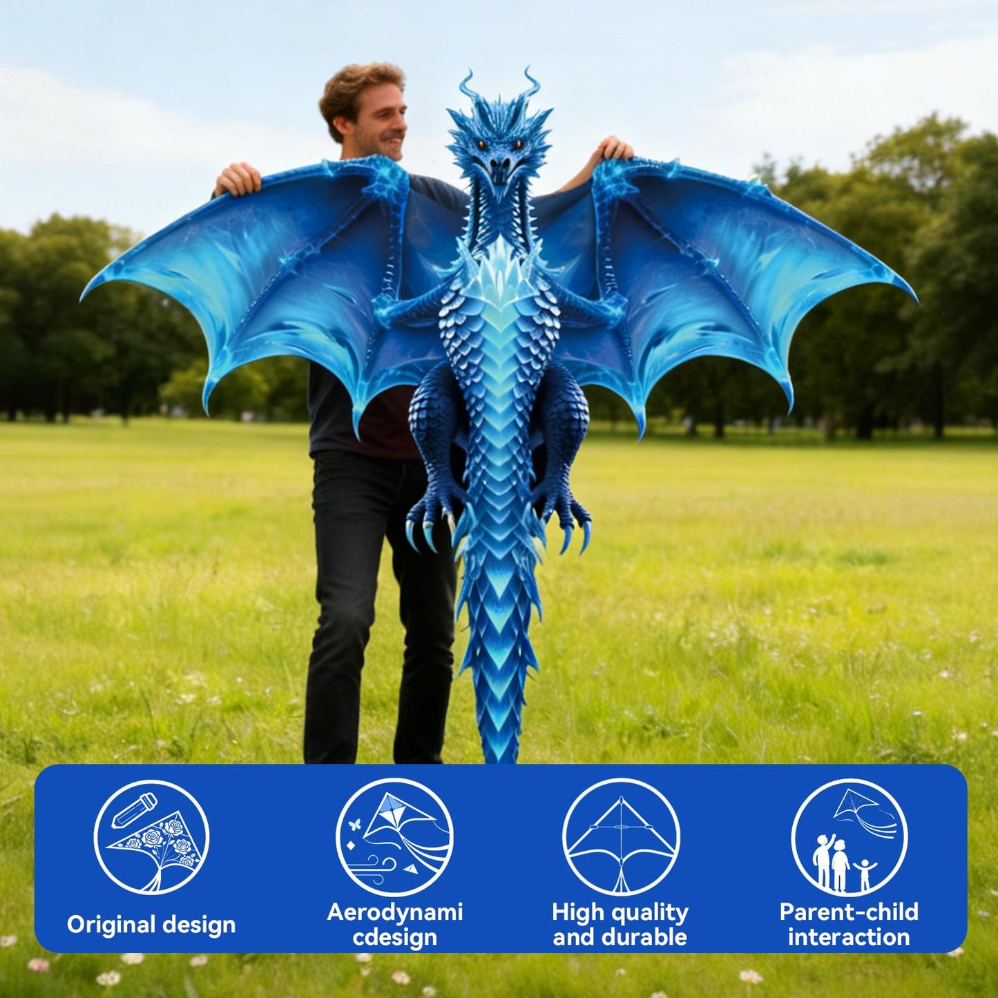 FejoHify Large Dragon Kite for Kids and Adults, Easy to Fly with 300ft String, Perfect for Beach, Park, Outdoor Activities, Gift for Boys Girls (Ice)