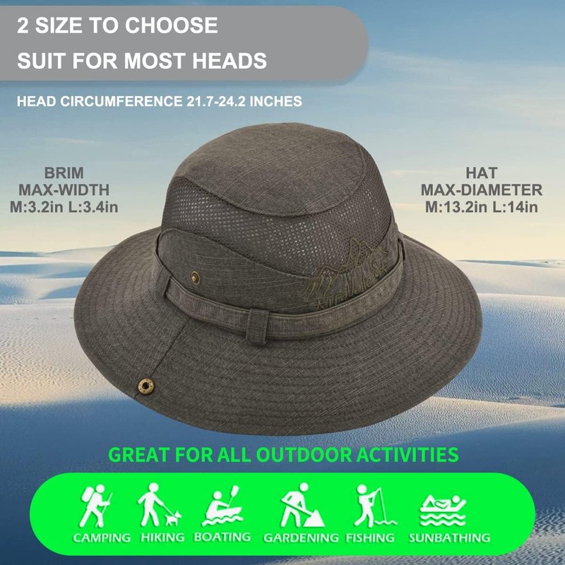Men's Sun Hat - Cotton Embroidered Wide Brim Bucket Hat for Summer Outdoor Protection | Foldable Safari Style