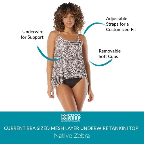 COCO REEF Current Underwire Tankini Top -Loose Fit Swimsuit Top - Native Zebra 34C