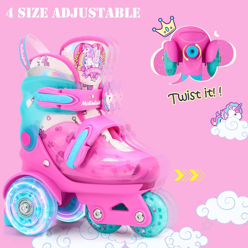 MoSoulais Unicorn Kids Roller Skates Adjustable Girls Roller Skate with Light Up Wheels Toddler Roller Skates Birthday Girly Gift for Youth Children Beginner Ages 5 6 7 8 - Pink S(10.5C-13C)