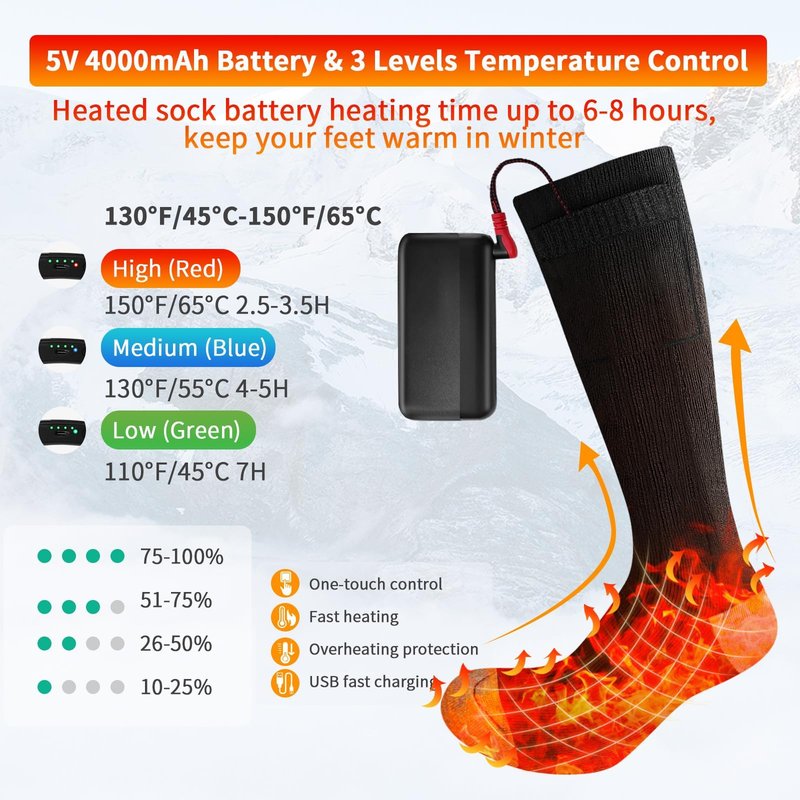 Orznez Heated Socks for Men Women,Rechargeable Heated Socks 3 Heating Levels with 4000mAh*2 Battery,Electric Socks Thermal Foot Warmer Socks for Winter Outdoor Sports, Camping, Hunting, Hiking