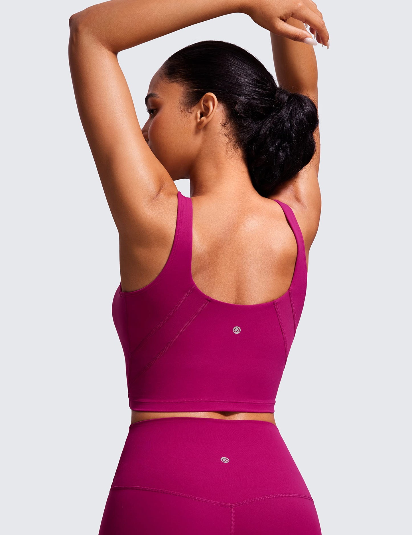 CRZ YOGA Butterluxe Womens V Neck Longline Sports Bra - U Back Padded Crop Workout Tank Tops with Built in Pads Magenta Purple Small