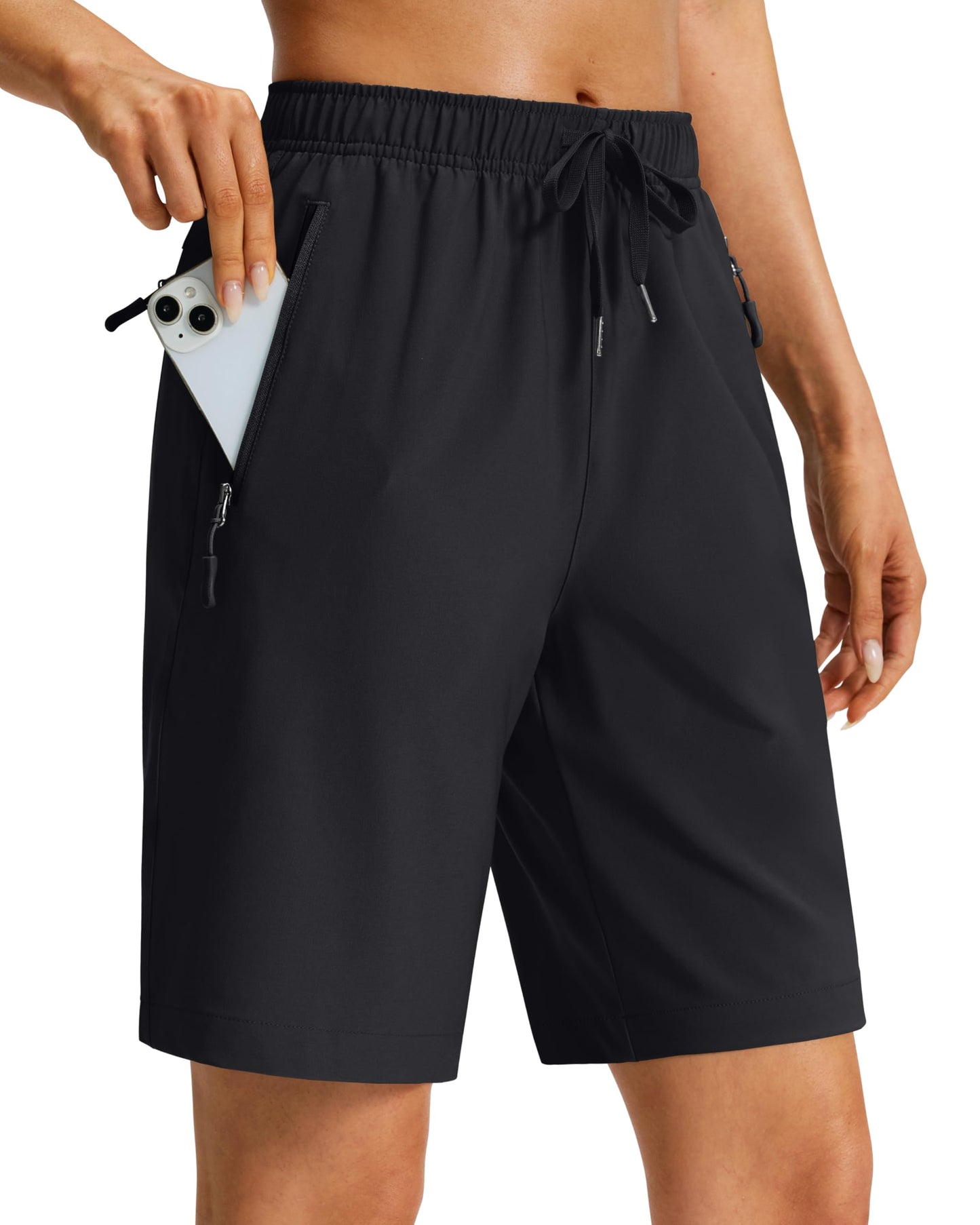 Viodia Women's 9''/11'' Hiking Shorts Long Bermuda Lightweight Shorts Quick Dry Athletic Golf Shorts with 3 Zipper Pockets Black L9 XL