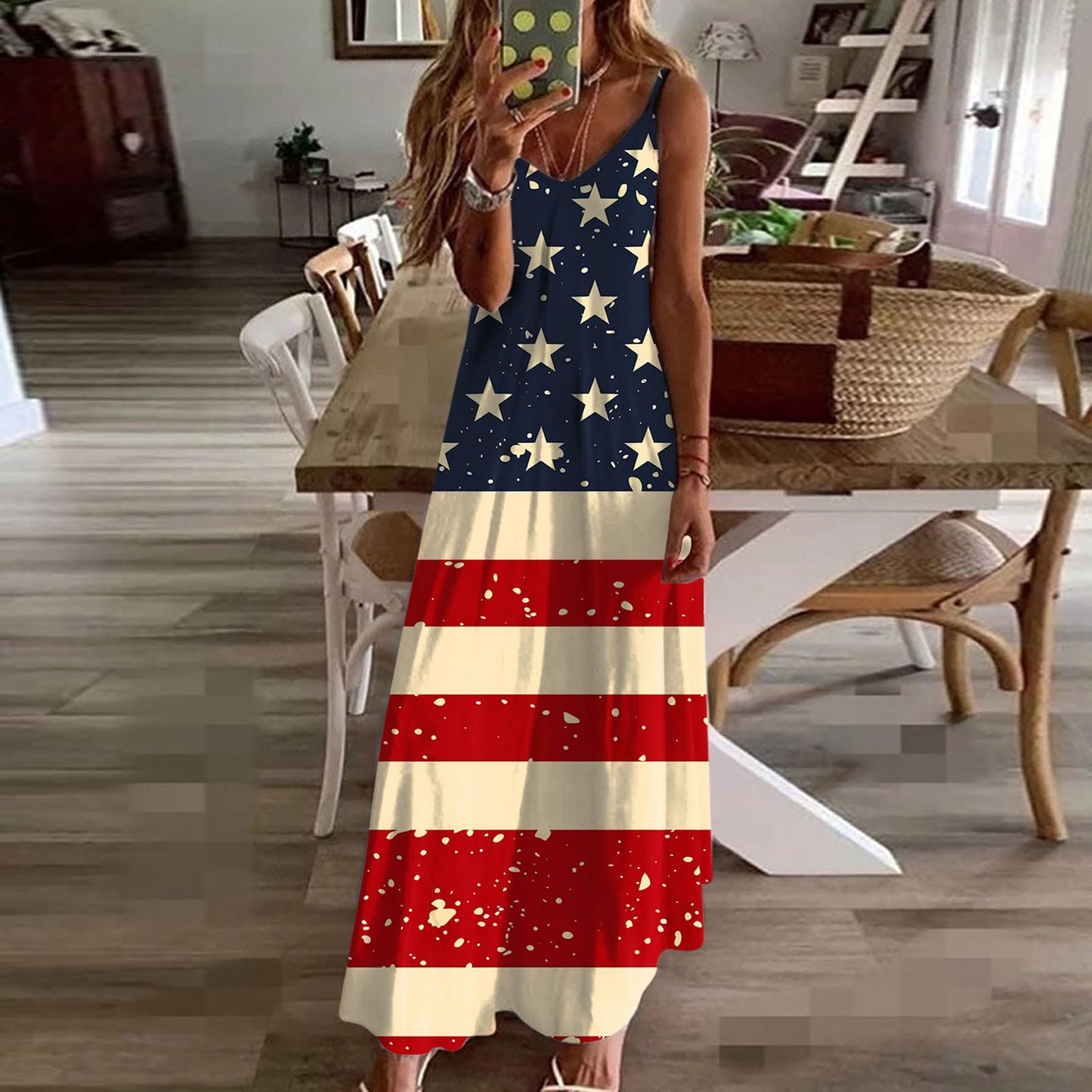 When Is Prime of Day 2024 Summer Dresses for Women 2024 Trendy Stars Strips Printed Sleeveless V Neck Patriotic Sundress 4th of July Maxi Dress