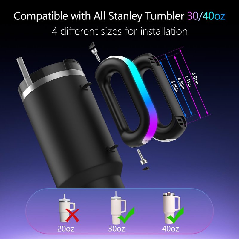 7 Modes LED Light-Up Tumbler Handle for Stanley Cup 40oz/30oz, Tumbler Handle with Pickup Music Rhythm Lights Use for Outdoor Party & Home, Birthday Christmas Valentine's Stanley Gift (H10 Black)