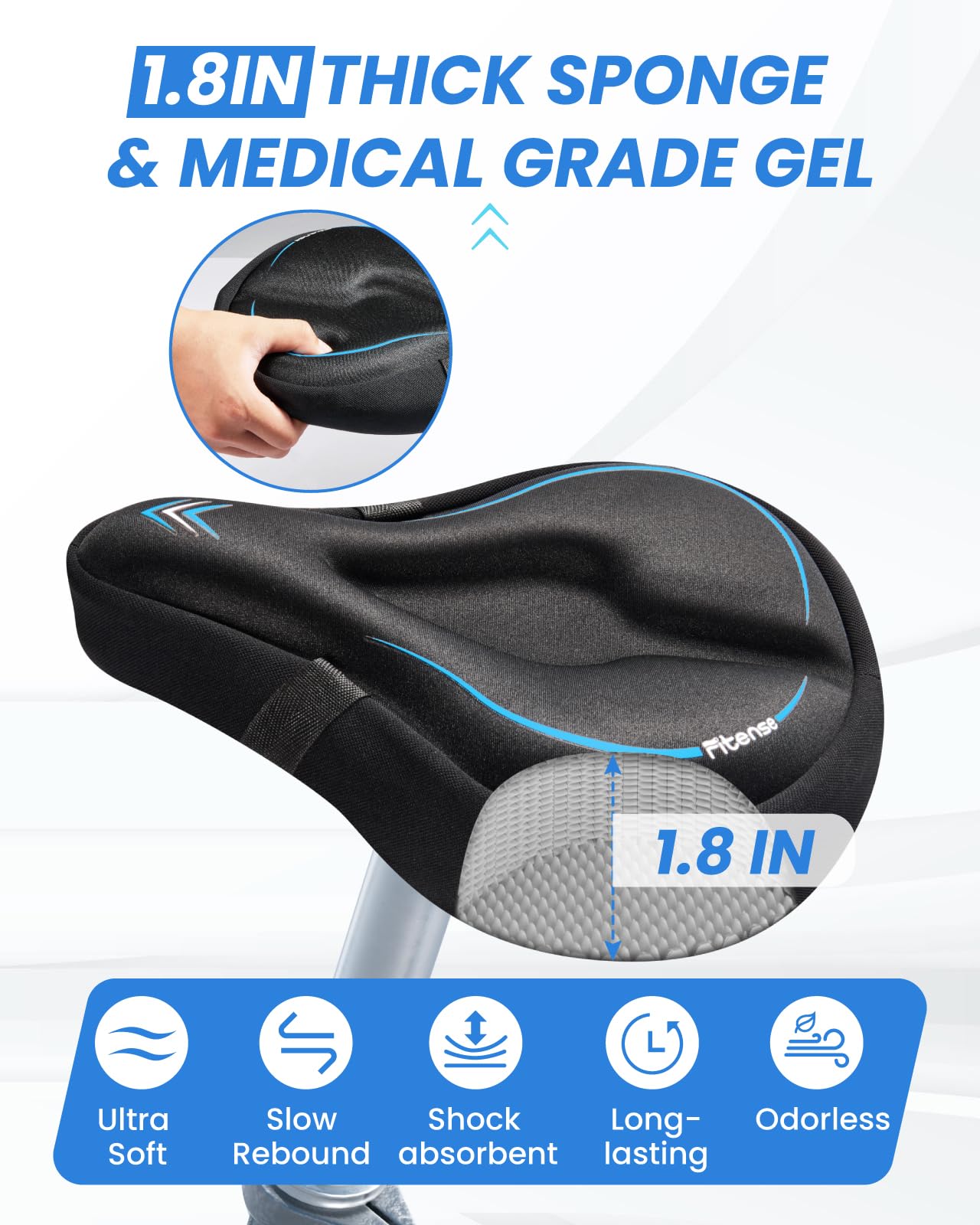 Fitense Bike Seat Cushion, Wide Comfort Bike Seat Cover for Men Women, Exercise Bicycle Seat Cushion Padded Cover Compatible with Peloton, Mountain Stationary Bikes, Indoor & Outdoor, Black