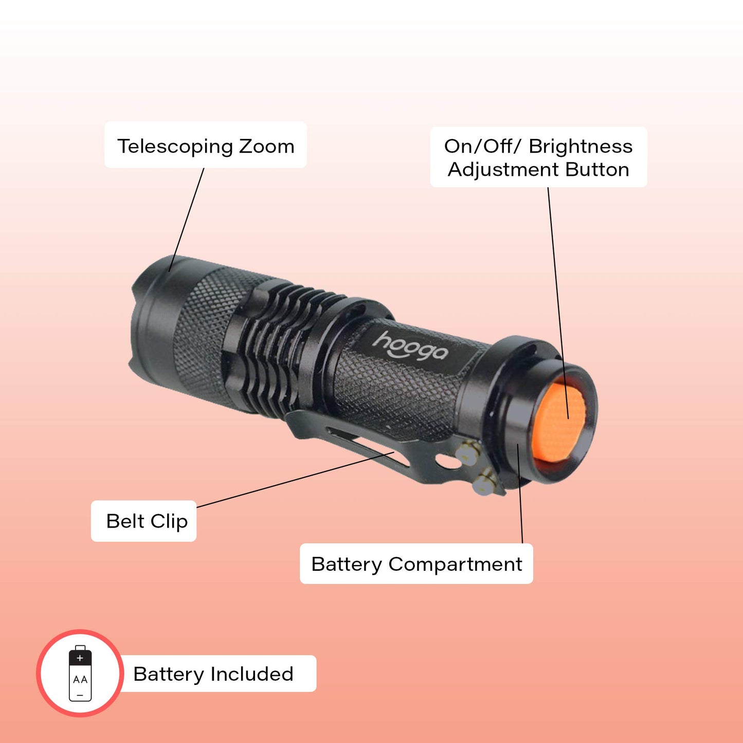 LED Flashlight, Blue Light Blocking, Amber Flashlight by Hooga. 1600K Warm Light for Eye Care, Sleep Aid. AA Battery Included. Adjustable Brightness. Great for Hunting, Camping, Aviation. 2-pack