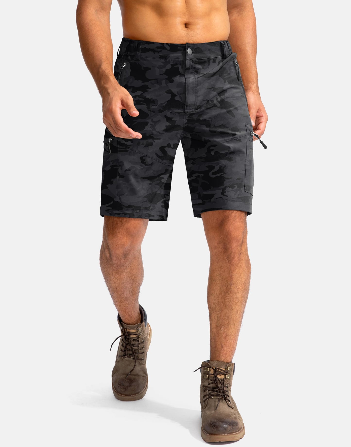 Pudolla Men's Hiking Cargo Shorts 9" Lightweight Outdoor Work Shorts for Men Travel Golf Camping Casual with 5 Zipper Pockets(Black Camo 3X-Large)