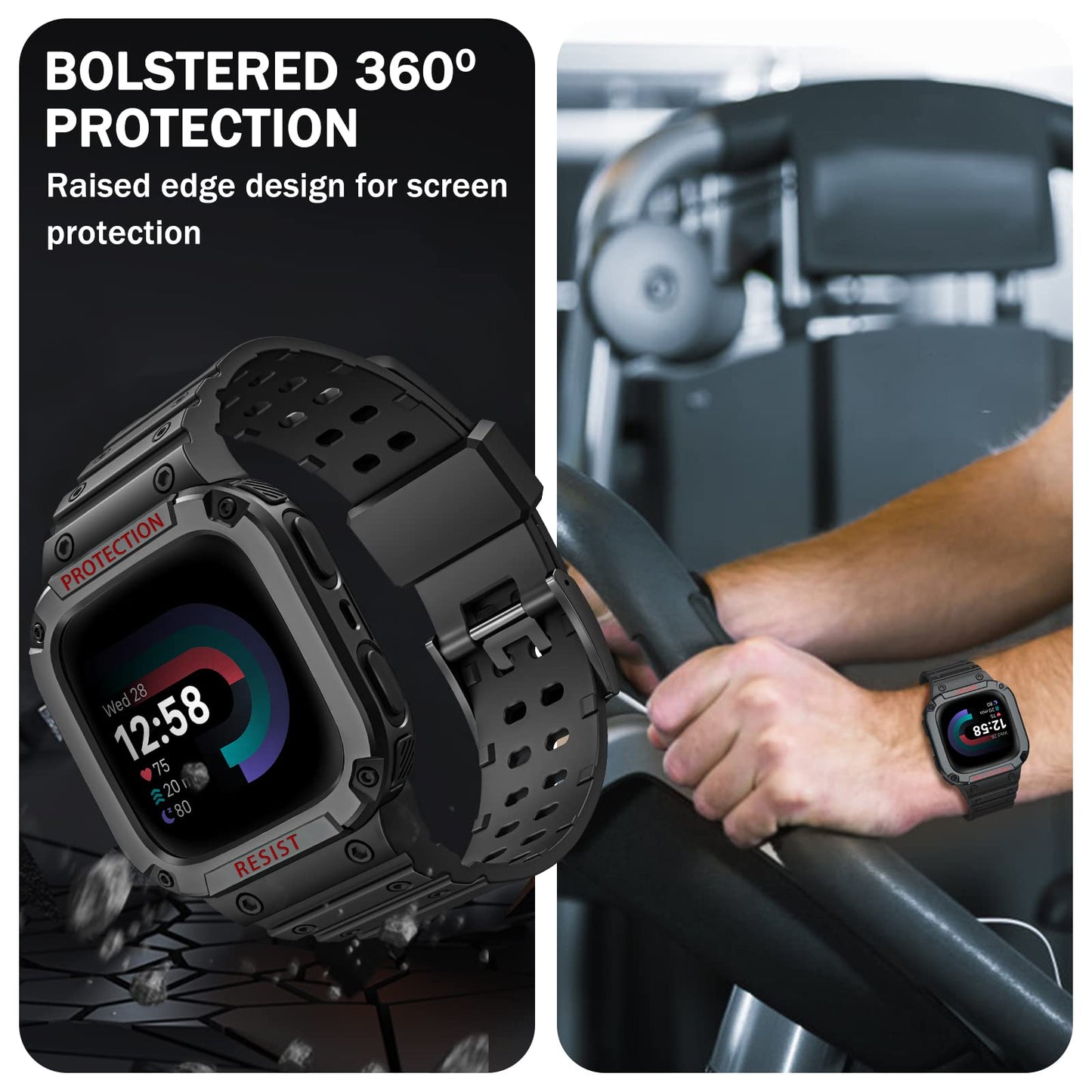 Fintie Bands with Case Compatible with Fitbit Versa 4/3/2/1/Versa Lite/Fitbit Sense 2/Sense, Protective Case Strap Rugged Sport Band Men, Black