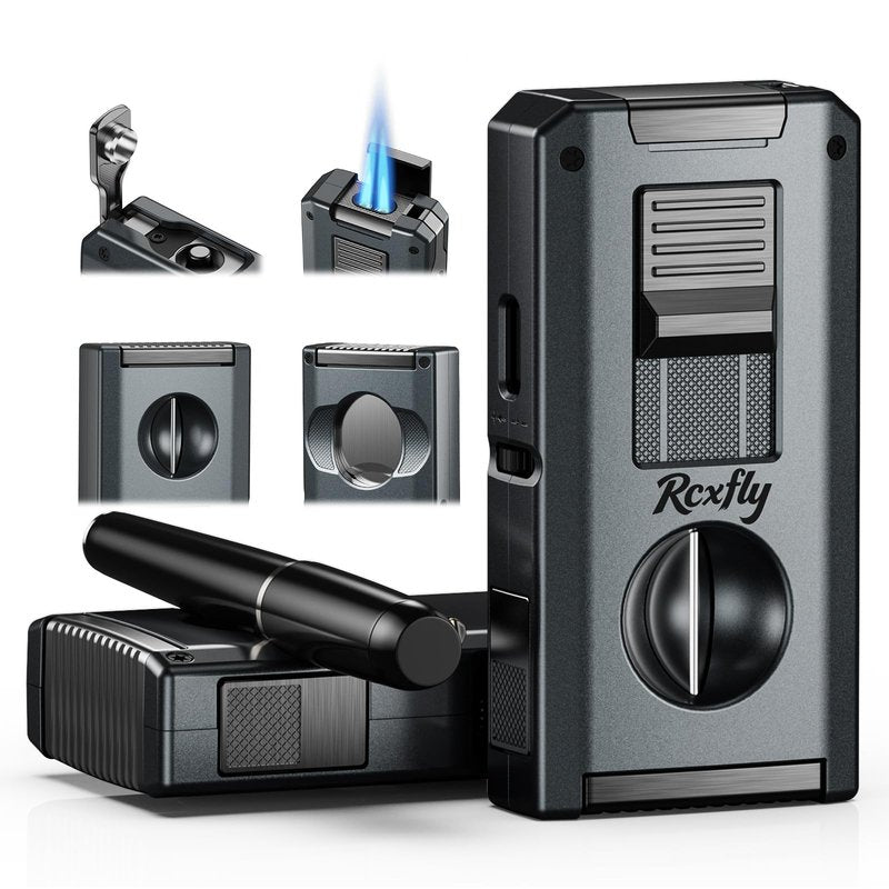 5-in-1 Torch Lighter with Holder, V & Straight Tool, Dual Jet Flame, Gifts for Men, Multifunctional Accessories, Adjustable & Windproof Lighter Set, Refillable Butane Lighter for Travel