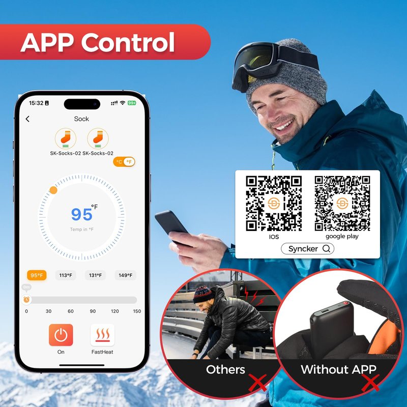 Heated Socks for Men Women, 8000mAh Rechargeable Battery Electric Heating Socks with APP Control Washable Winter Warm Socks for Foot Warmer Outdoor Fishing Hunting Ski Cycling Hiking Camping (X Large)