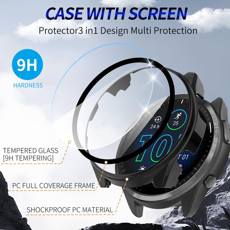 Kimiyaki 3+6 Pack for Garmin Forerunner 965 Screen Protector Case with Charger Port[Full Coverage], Hard PC Bumper All-Around Protective Accessories Built-in 9H Tempered Glass Film