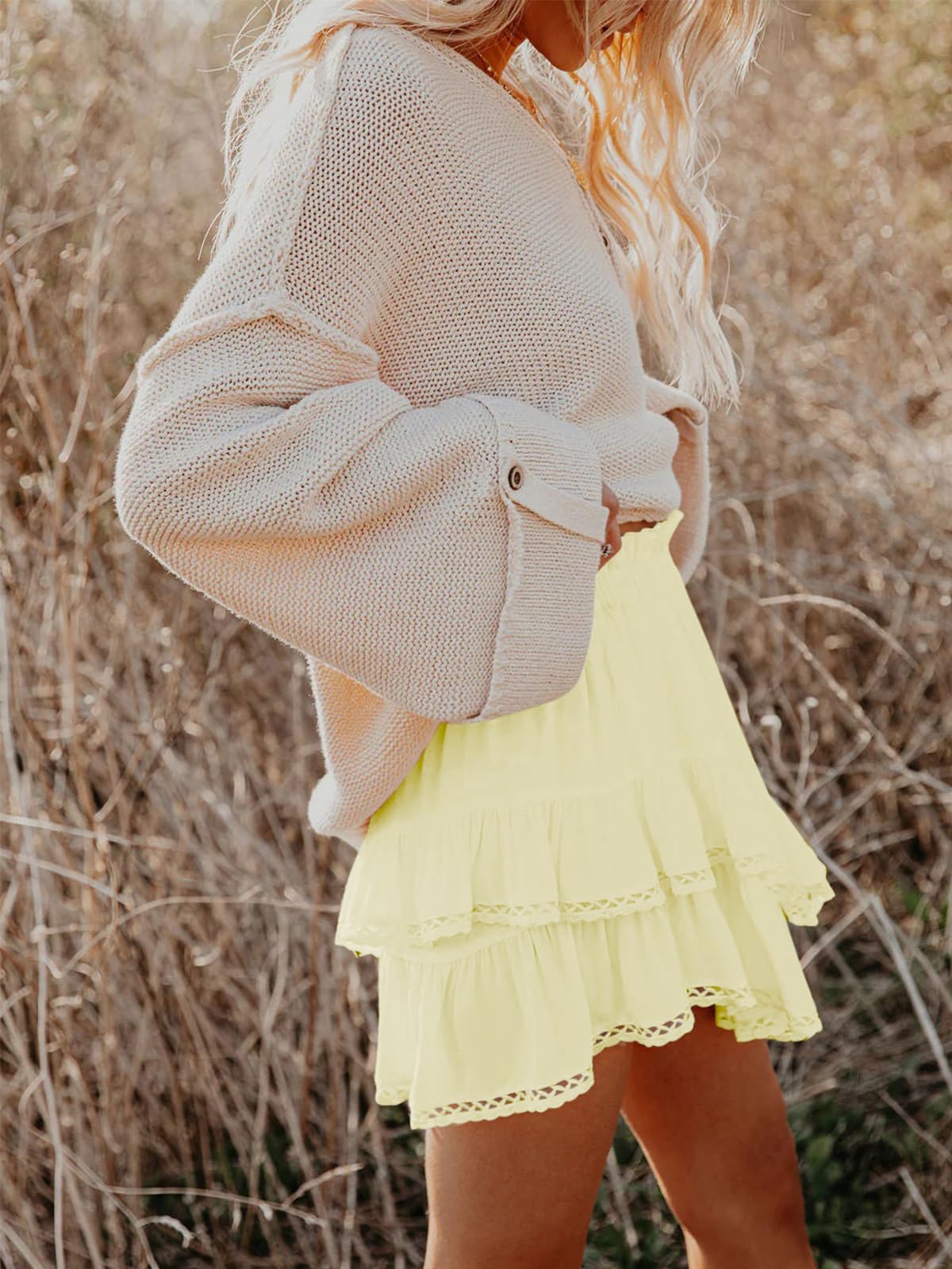 Aoudery Flowy Shorts for Women Casual Boho Ruffle Tiered Skorts High Waist Mini Skirts Golf Tennis Butterfly Crochet Shorts - Light Yellow M