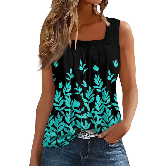 Womens Summer Tops, Summer Basic Tanks Tunic Tank Ladies School Square Neck Light Polyester Tank Floral Comfortable Pleated Tops Lady Cyan