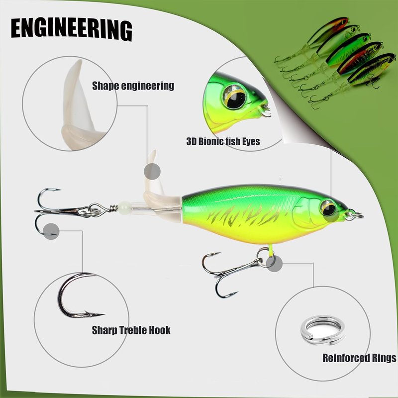 Topwater Buzz Lure - Floating Rotating Tail Fishing Bait for Bass, Pike, Trout | Freshwater & Saltwater Tackle
