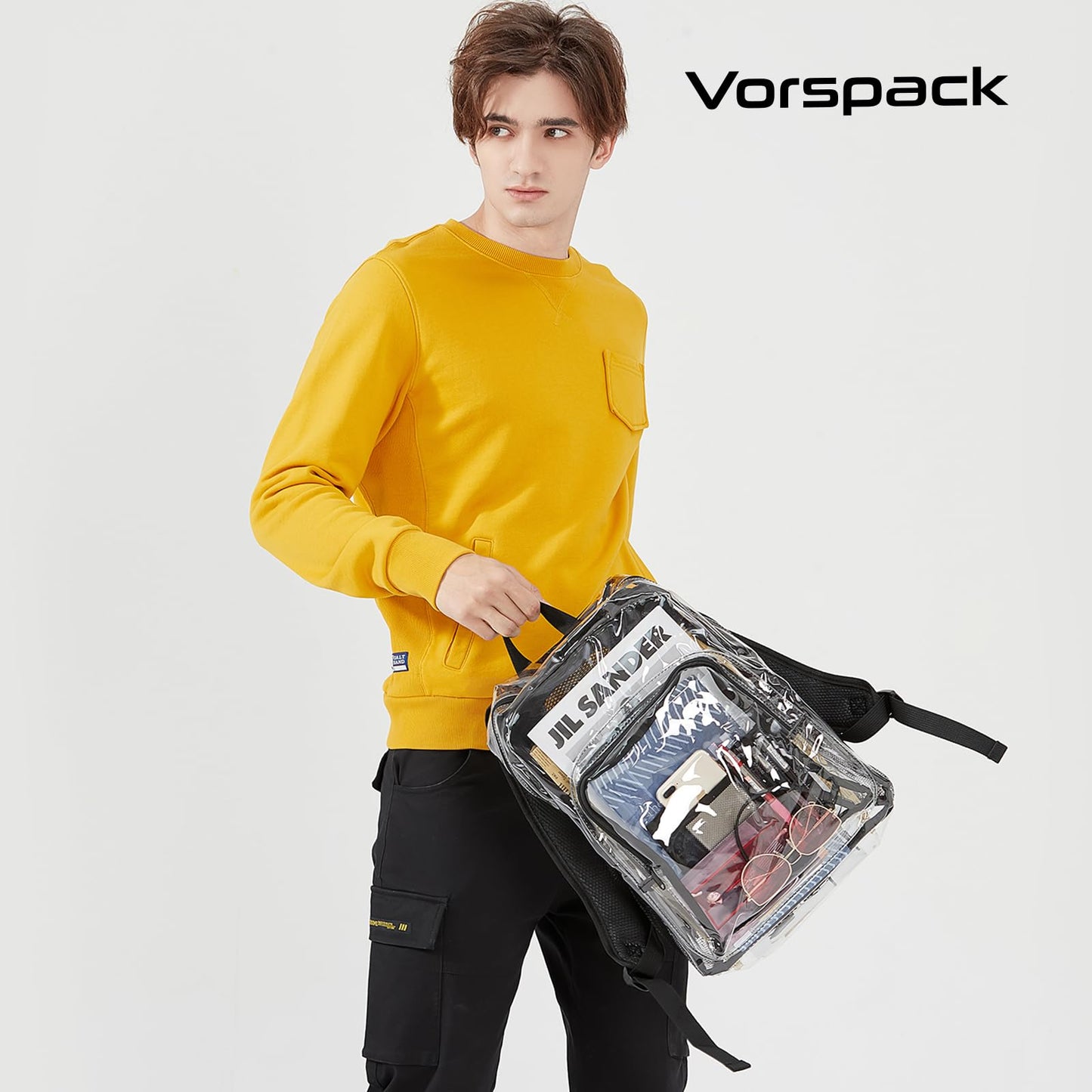 Vorspack Clear Backpack Heavy Duty - Extra Large Transparent Bookbag with Reinforced Strap PVC See Through Backpacks for College Workplace Travel - Black